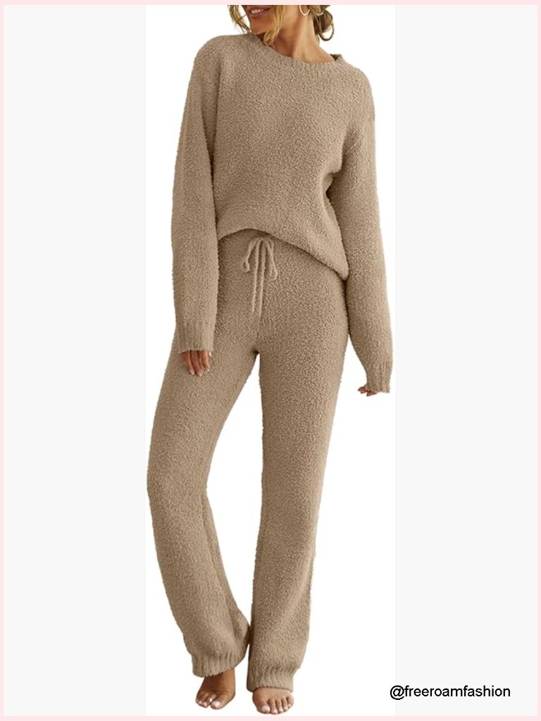 Women's Fleece Pajama Set Long Sleeve Lounge Outfit 2 Piece